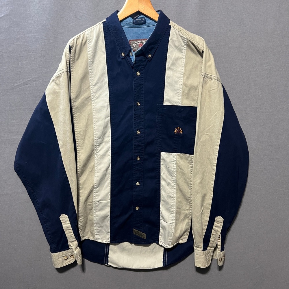 Urgent Gear Mens XL Colorblock Button Down Shirt Navy Blue Cream Cotton Vintage